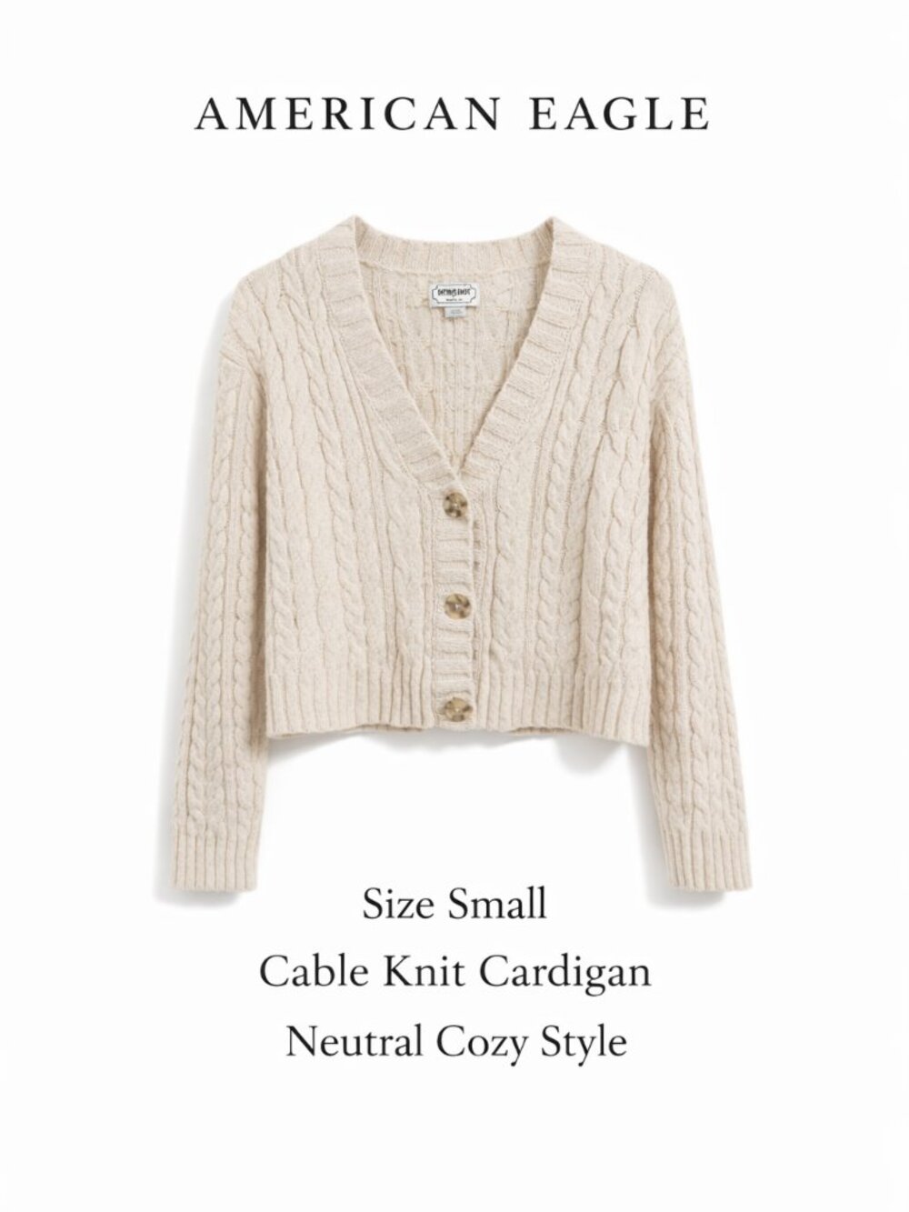 American Eagle Cable Knit Cardigan Small Cream Cropped Button Front Cozy Neutral - Picture 10 of 10